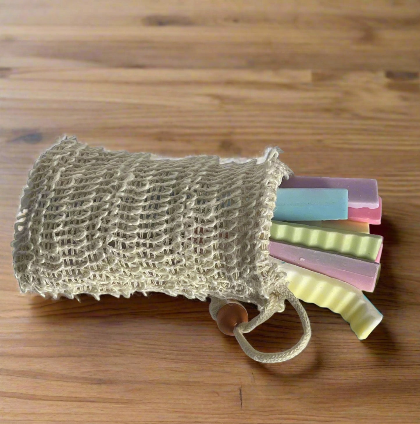 Ends filled exfoliating bag | Exfoliating bag filled with soap scraps