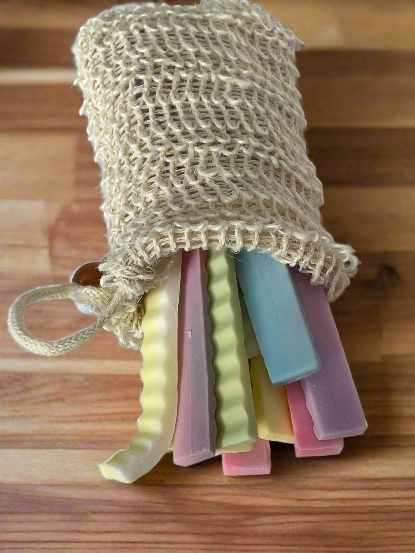 Ends filled exfoliating bag | Exfoliating bag filled with soap scraps