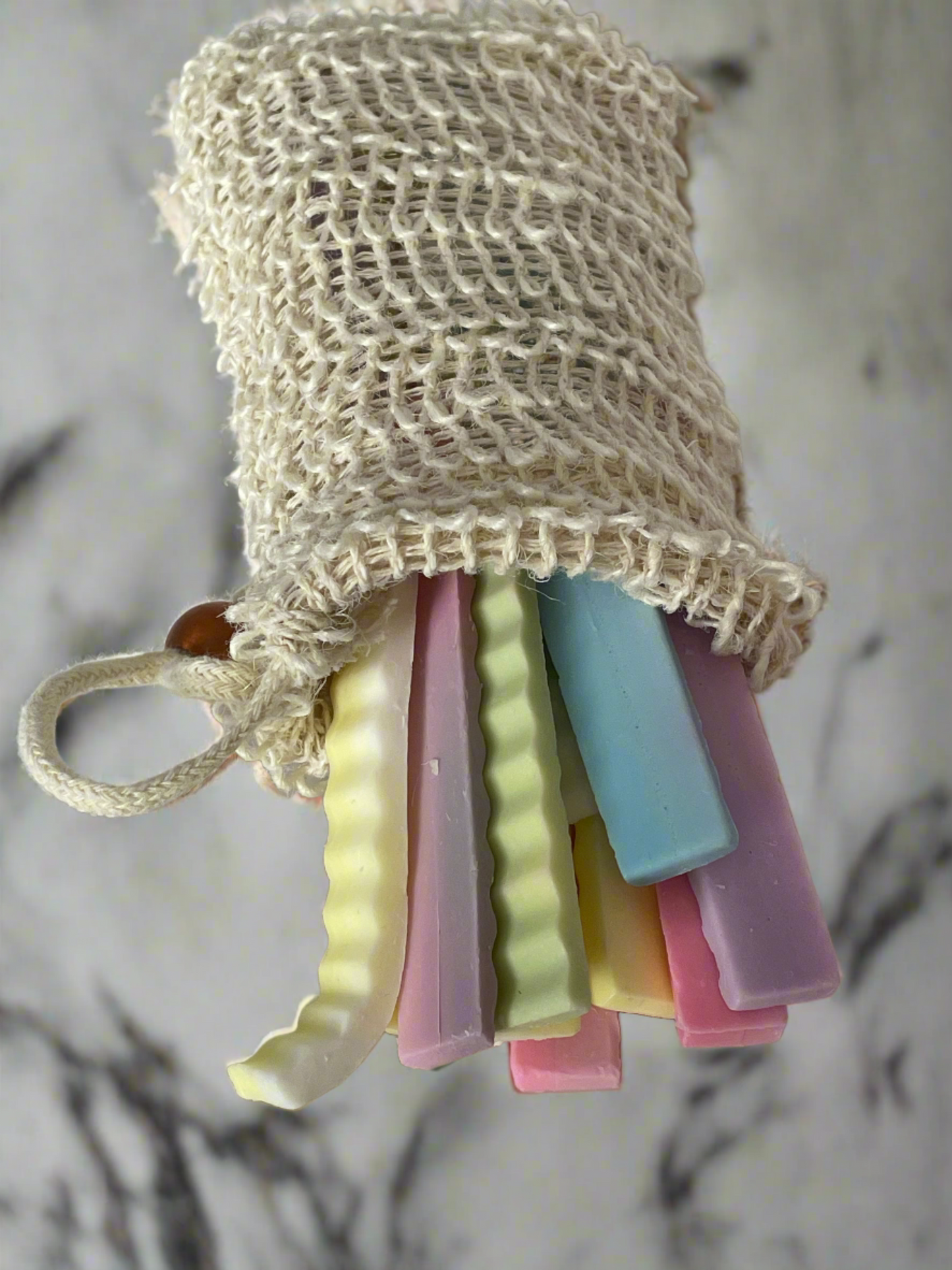 Ends filled exfoliating bag | Exfoliating bag filled with soap scraps